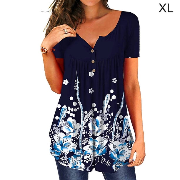 Sonducket Camiseta de poliéster para mujer, blusa plisada con estampado y cuello de pico, blusa lavable transpirable para interiores y exteriores, Prendas para la parte del cuerpo Azul blanco SG