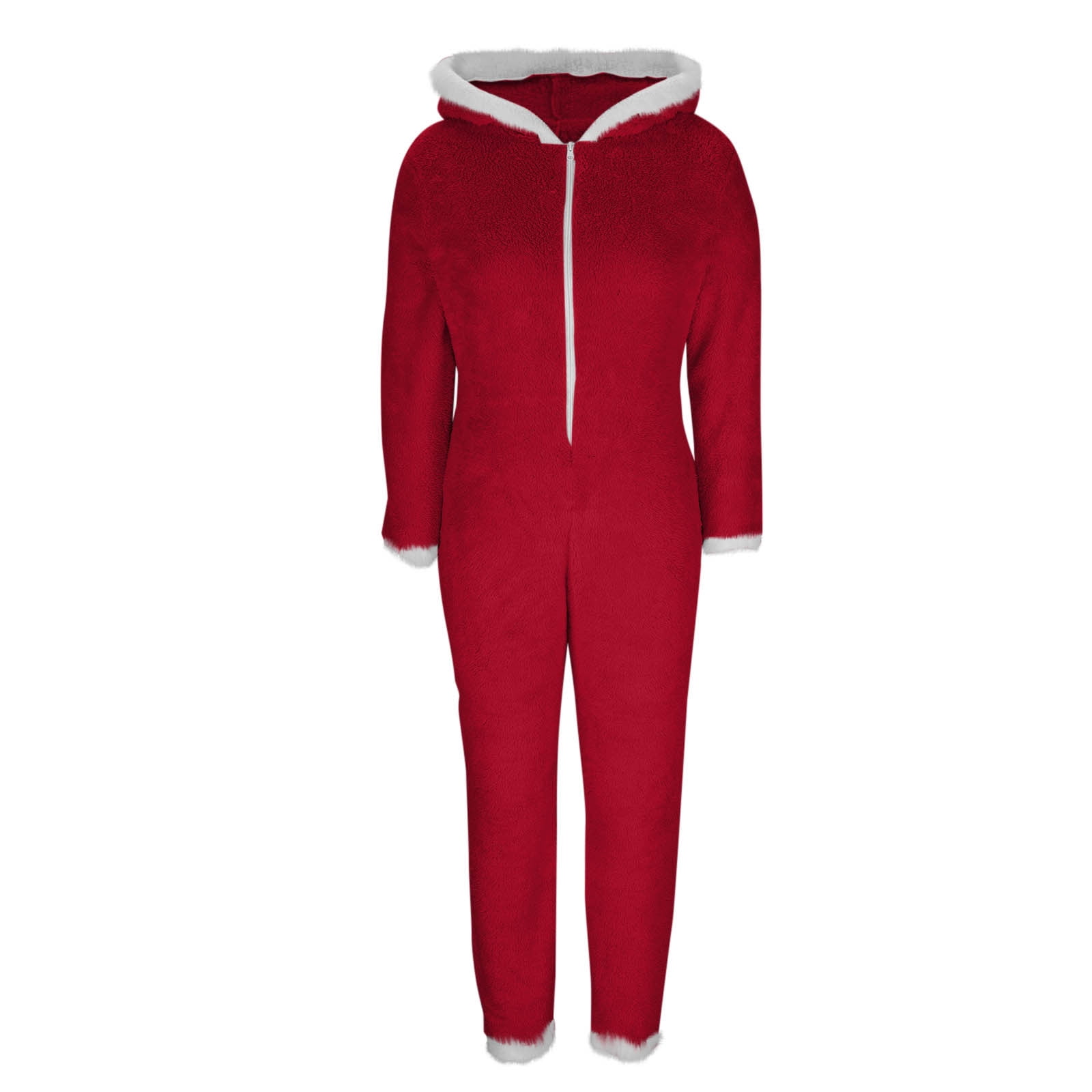 yoeyez Christmas Onesie Womens Slim Santa Hooded Pajamas Outfit Adult One-piece Pajamas Fleece Front Zipper Rompers