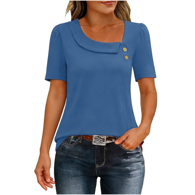 Tops de Mujer Casual Color Sólido Manga Corta Botón, Blusa Elegante para Primavera Verano Diario