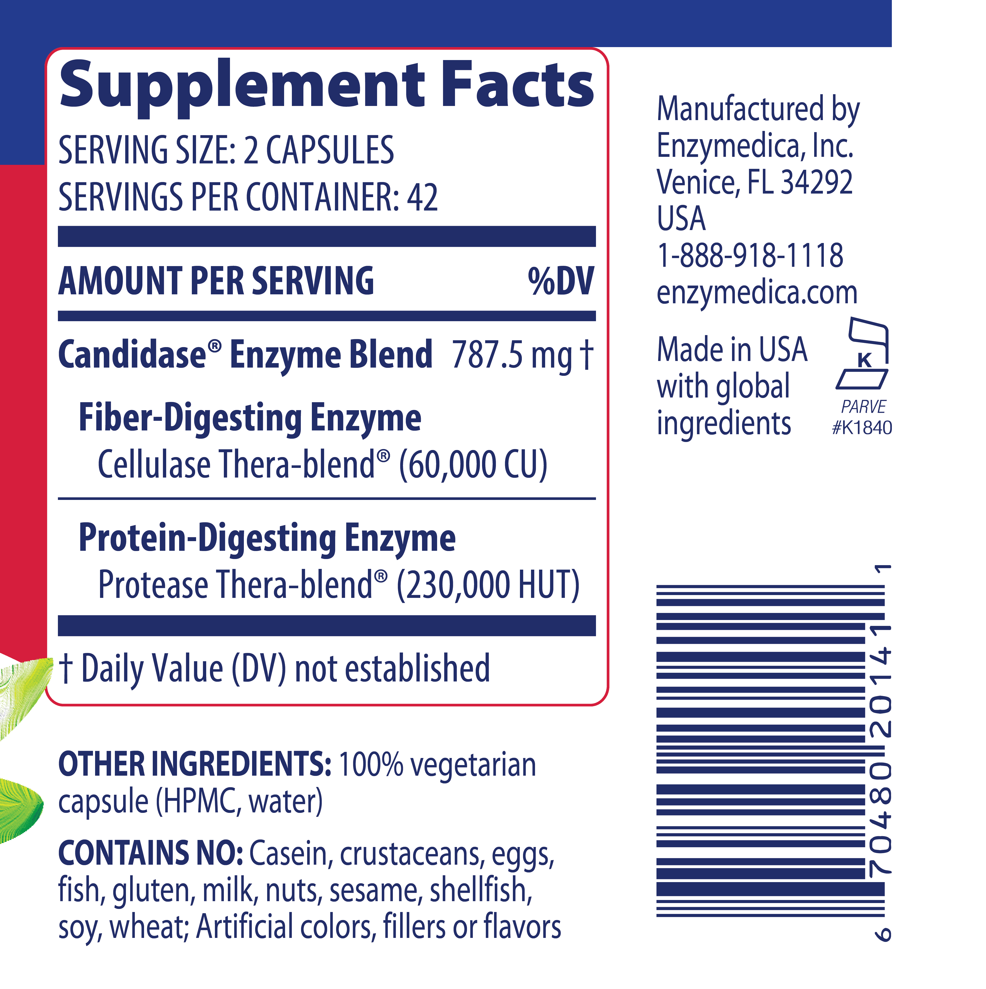 Enzymedica, Candidase, 84 Capsules, Enzyme Supplement to Support Balanced Yeast Levels and Digestive Health, Vegan, 42 Servings