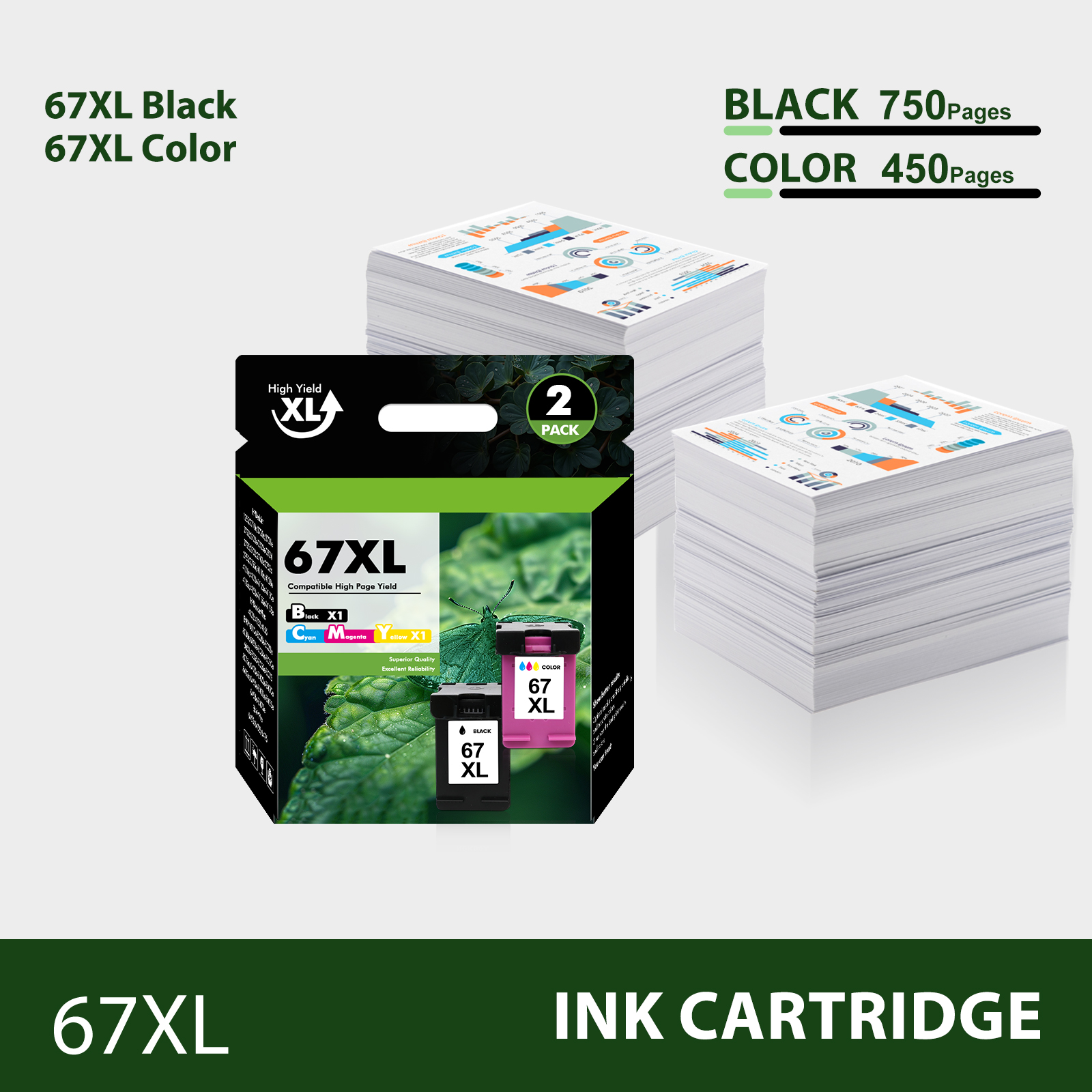 67XL Ink Cartridges Compatible for 67 67XL Black and Color for OfficeJet 2755e 2755 4155 2722 2723 2724 2725 2732 Envy 6055 6455 6458 6475 Printer Ink (1 Pack Black, 1 Pack Tri-color)