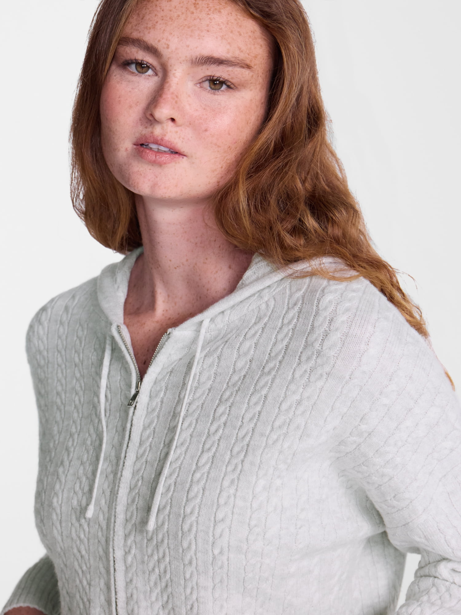 No Boundaries Cable Knit Zip Up Sweater with Hood, Women's XXS-XXL