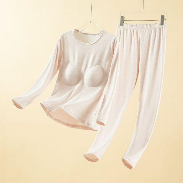 Conjuntos de ropa interior térmica para mujer, otoño e invierno, suave, cálida, de manga larga, cuello redondo y sujetador incorporado, ropa interior térmica adecuada para climas fríos, parte superior