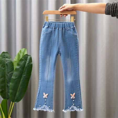 

Ovbmpzd Pants for Toddlers Boys Clearance Denim Blue Flare Elastic Waist Raw Hem Jeans Sweatpants for Baby 10-11Years