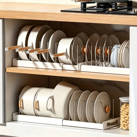 Pot and Pan Organizer Rack, Expandable 12 to 22 in Holder with Lid Slots