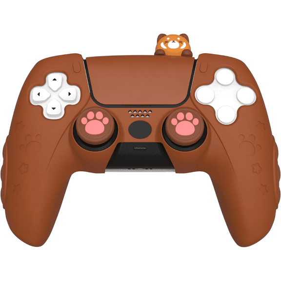 Anti-Slip Soft Protective Cover for PS5 Controller, Silicone Case with Touch Pad Stickers & Joystick Thumb Grip Caps-Brown
