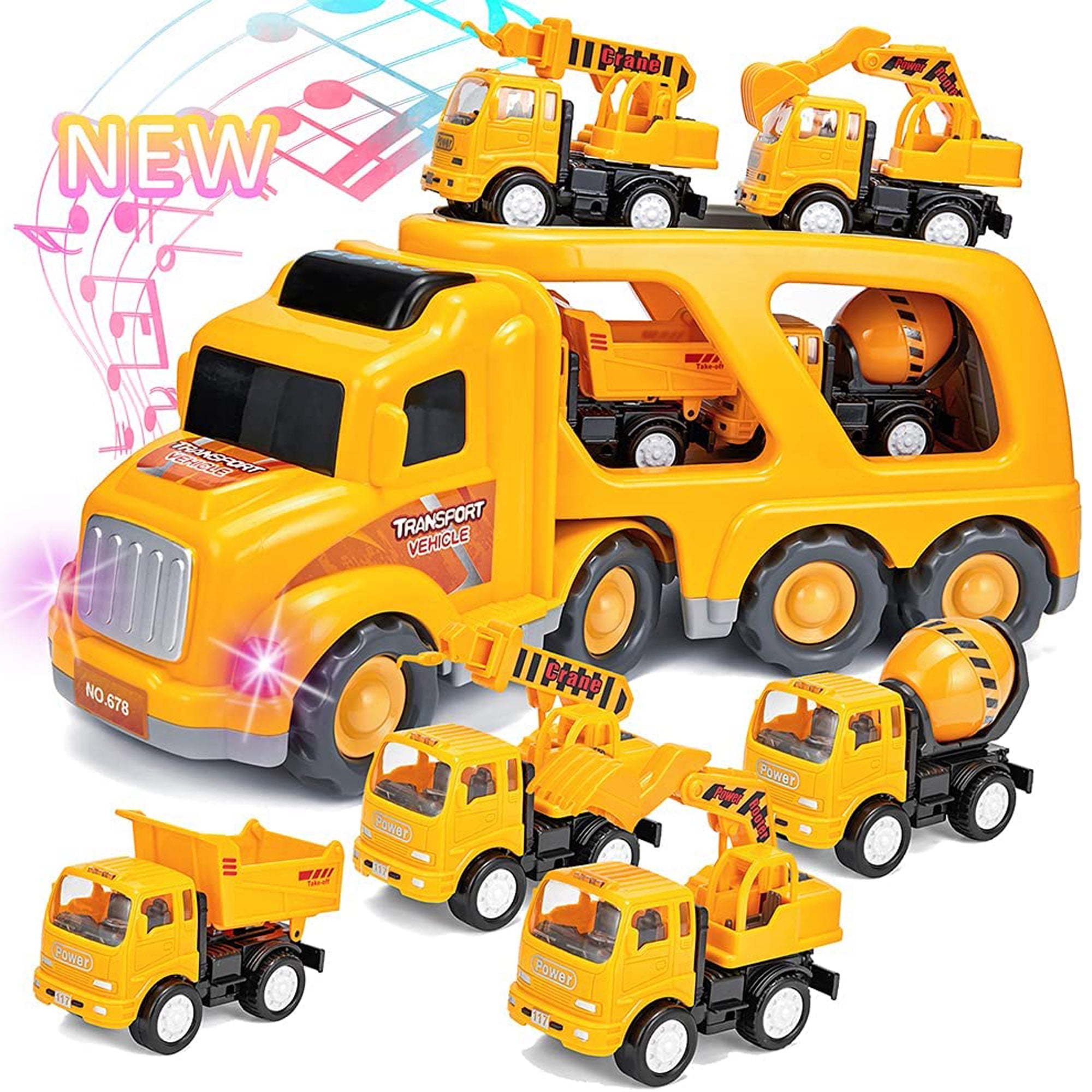 Water Vehicle Contain 1 Large Transport Cargo Truck Cement Mixer 5-in-1 Friction Power Car Toys for 3 4 5 6 Years Old Boys and Girls Loading car Construction Truck Toys Set with Sound and Light