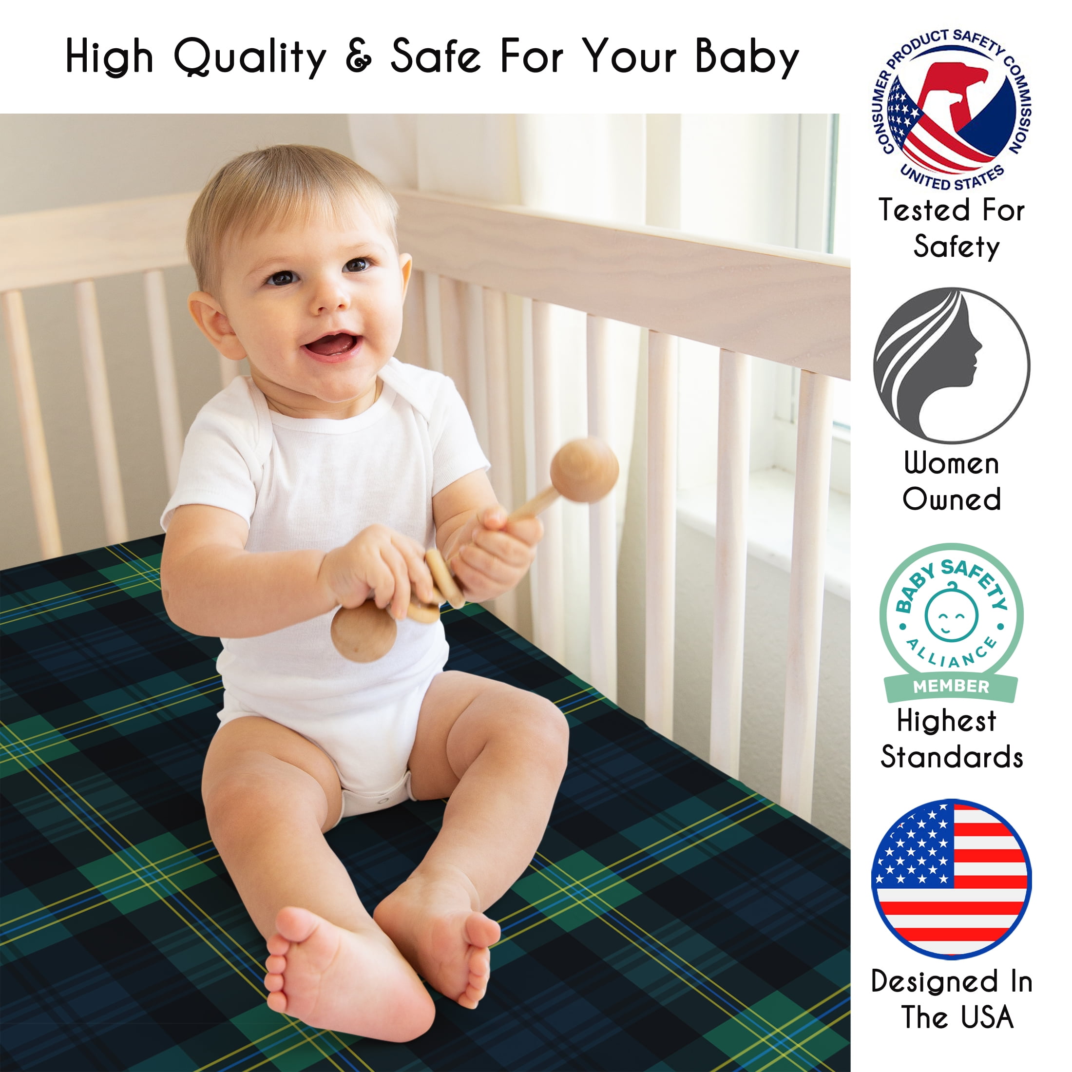 Sweet Jojo Designs Gingham Green Plaid Boy, Girl, Unisex/Gender Neutral Fitted Crib Sheet
