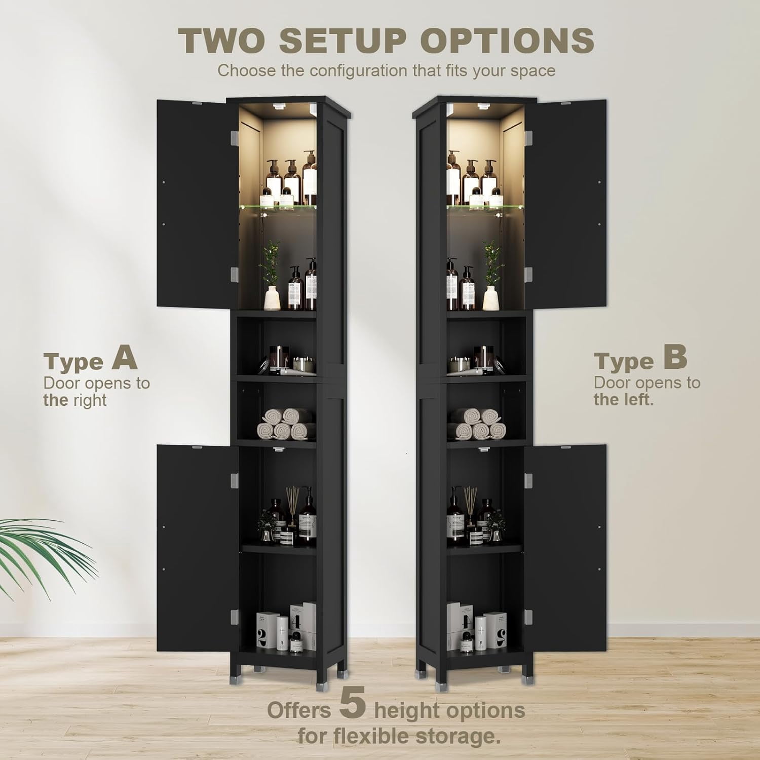 67" Tall Bathroom Storage Cabinet with Lights, Slim Narrow Bathroom Cabinet Organizer with Doors and Adjustable Shelves, Tall Cabinet for Small Space, Living Room, Kitchen, Black