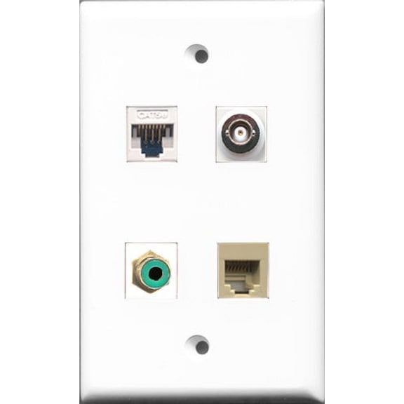 RiteAV - 1 Port RCA Green and 1 Port Phone RJ11 RJ12 Beige and 1 Port BNC and 1 Port Cat5e Ethernet White Wall Plate