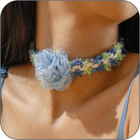 Vintage Flower Choker Necklace for Women, Retro Floral Lace Collar with Satin Blossom, Apricot Blue Flower Necklace for Women