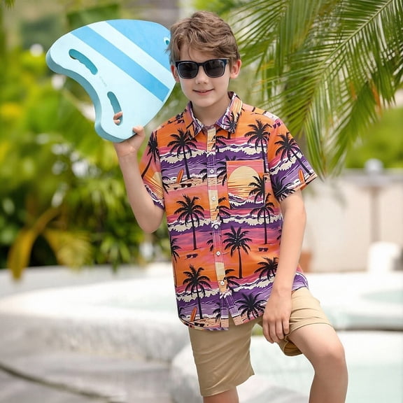 FYDUU Boys Hawaiian Shirt Short Sleeve Button Down Shirtsversatile Kids Tops Summer Tropical Print Beach Shirt Lightweight Casual Shirts For Boys 5-6 Years