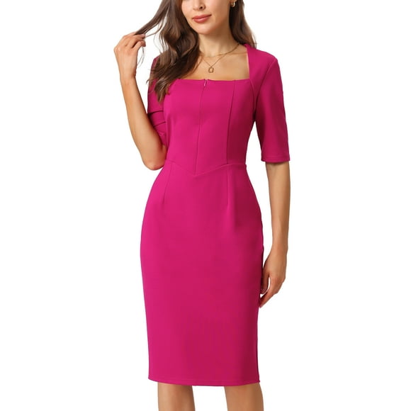 Unique Bargains Women's Sheath Dress Square Neck Zip Up Short Sleeve Work Pencil Dresses Fushcia XL