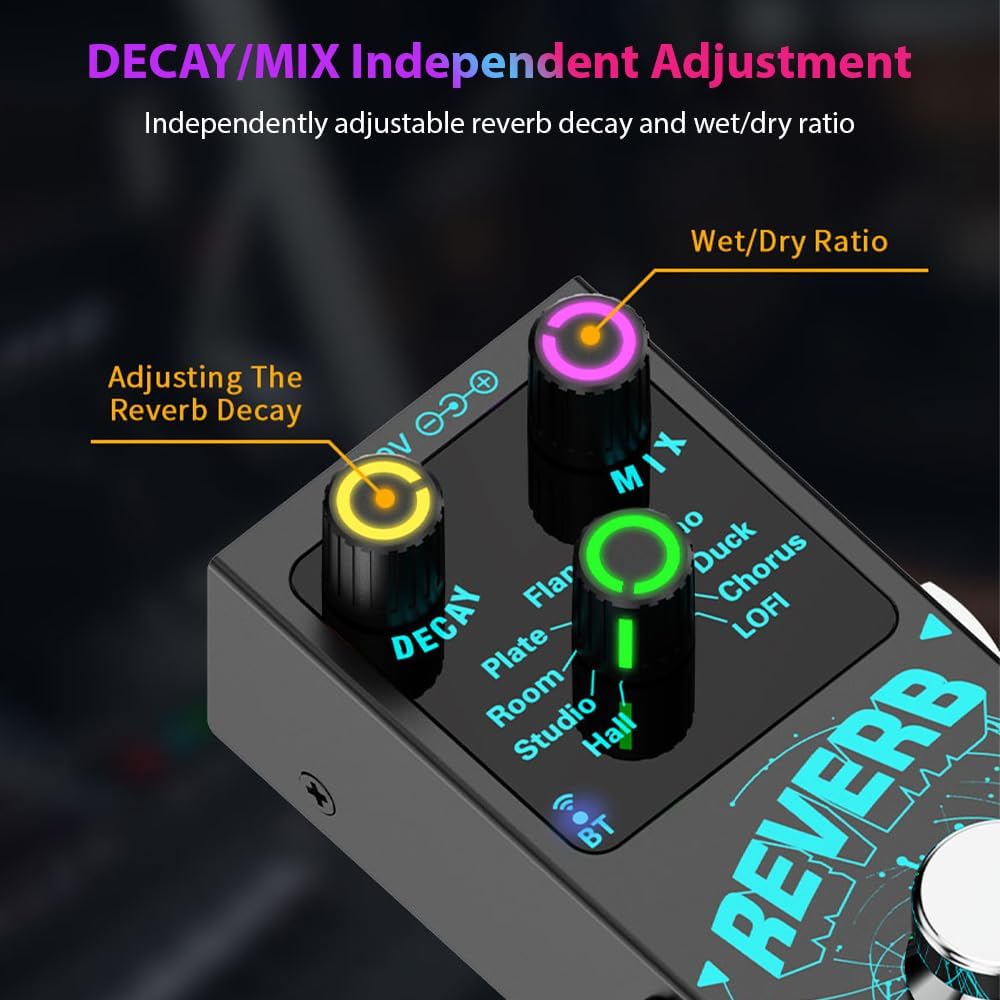 Reverb Guitar Pedal, Mini Verb Square Digital Reverb with Luminous Control Knobs,True Bypass , Aluminium Alloy Case, 9 Modes Effects,Room,Hall,Chorus,Duck,Plate,Studio,Echo,LOFI,Flanger