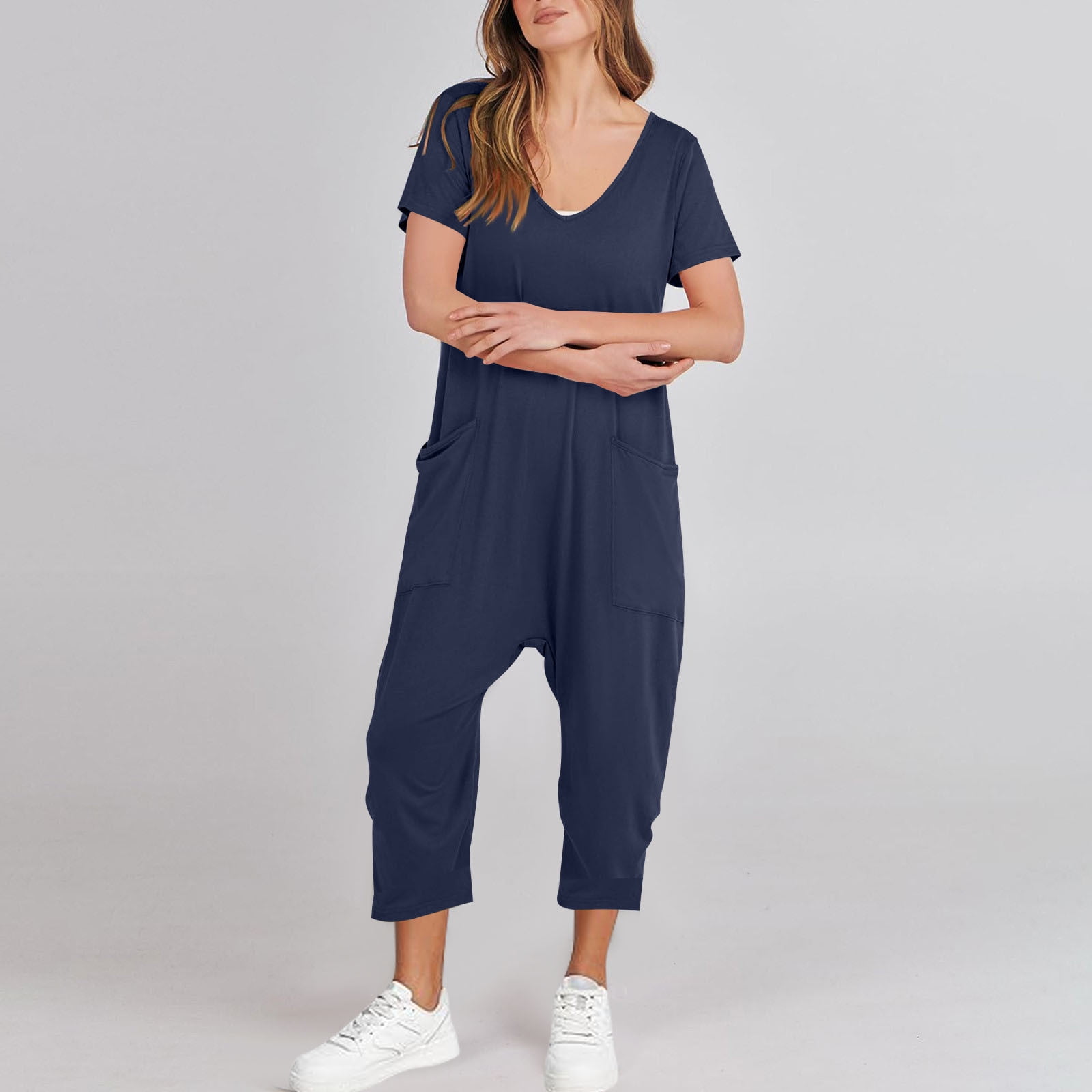 AGWOLF Adult Onesie Pajamas for Women Stretch V Neck Short Sleeve Jumpsuits Loose Fit Solid Ankle Length Pants Summer Rompers with Pockets Soft Sleepwear Homewear One Piece Navy XL