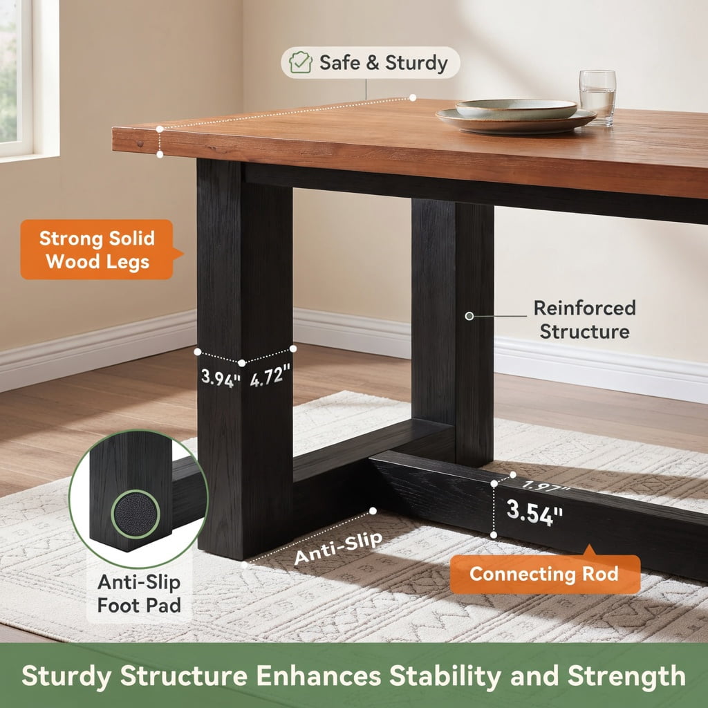 Hommoo 63 Inch Solid Wood Rectangular Dining Table for 6, Farmhouse Kitchen Table with Heavy-Duty Metal Legs, Natural