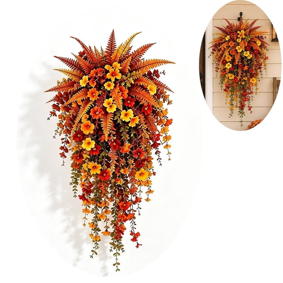 Artificial Fall Harvest Hanging Basket, Autumn Porch & Door Decoration, 2PC UV-Resistant Faux Outdoor Fall Flowers for Autumn