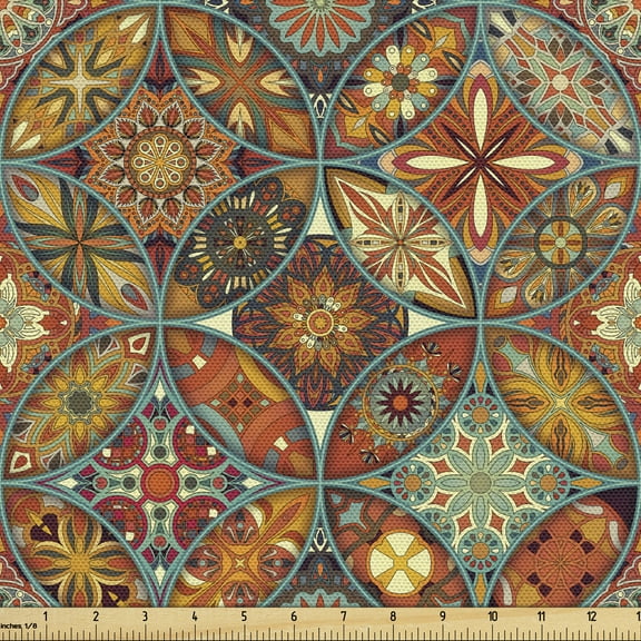 Ambesonne Flower Fabric by the Yard Upholstery, Circular Enchanted Mandala, 10 Yards, Multicolor