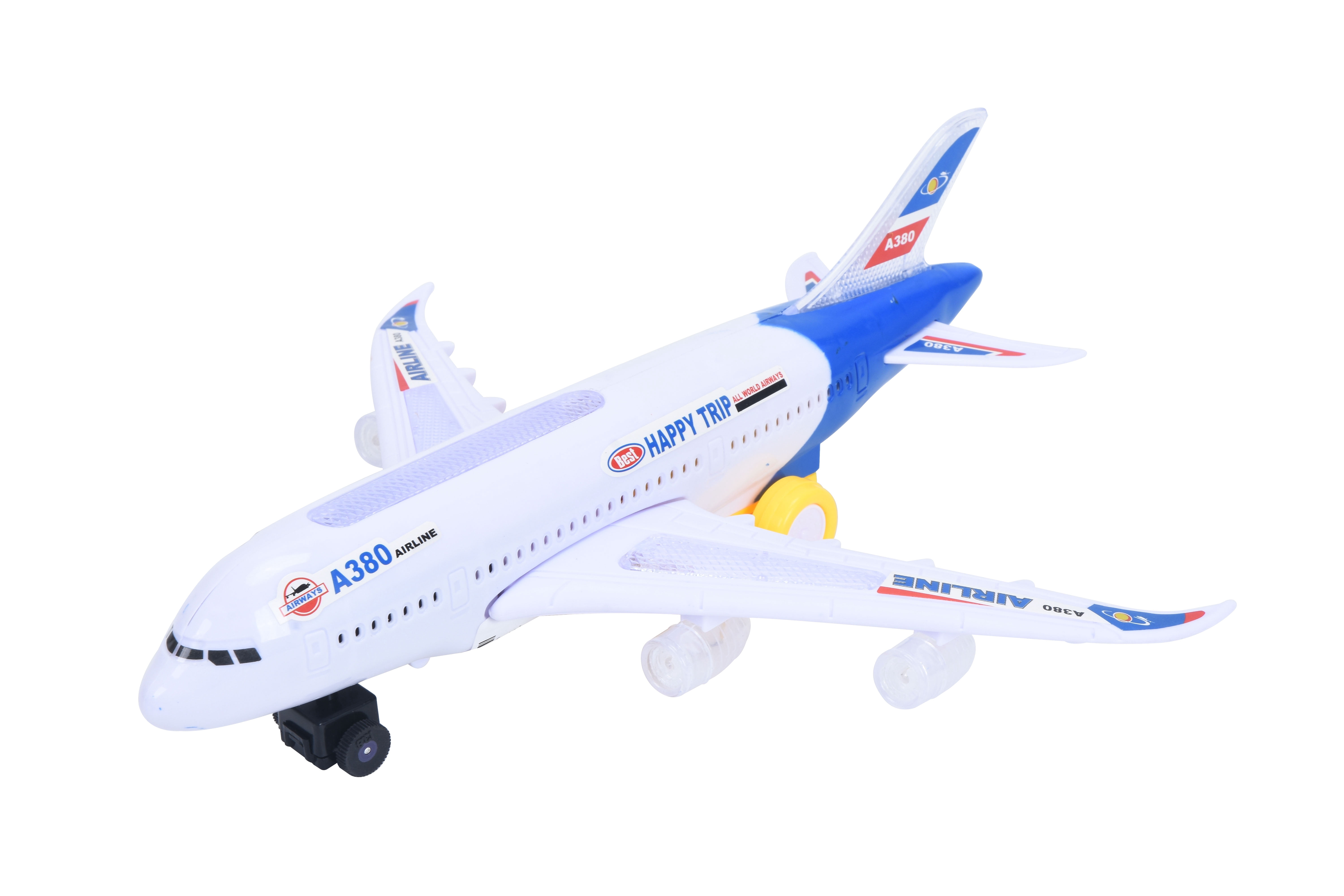 PlayWorld All Aboard! Bump and Go Electric Air Bus A380 Kids Action Airplane - Model Plane with LED Lights and Sounds - Changes Direction On Contact - Blue