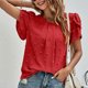 thumbnail image 3 of Blusa jacquard con mangas de pétalos Manga corta Cuello redondo Blusa con mangas de pétalos de color liso Top, 3 of 8