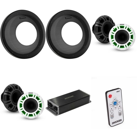 Kicker Marine KPX300.4 Amp & (2) 6.5" HLCD Marine LED Powersports Grill Speakers ( Includes LED Remote )