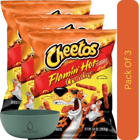 Cheetos Flamin' Hot Crunchy Cheese Flavored Snack Chips, 8.5 oz Bag With Olive Green Bowl By ValueNest