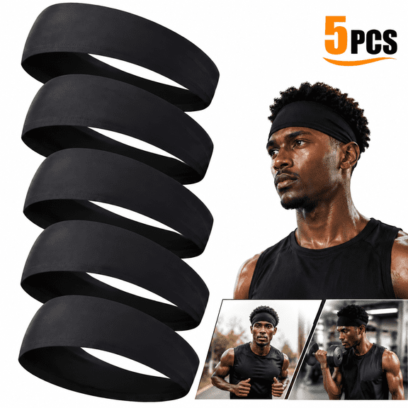Men's Sweat Headbands 5-Pack - Breathable Sports Headbands for Running, Workouts & Long Hair, Moisture-Wicking & Non-Slip Design (Black, One Size Fits All)