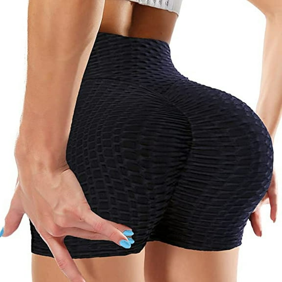 DODOING Butt Lifting Yoga Shorts for Women Tummy Control Leggings Textured Scrunch Running Shorts, Black