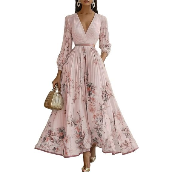 Women'S V Neck Floral Printed Pleated Dress Long Sleeve Flowy A Line Party Maxi Cocktail Dresses Pink XL