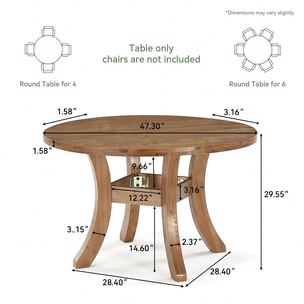 Hommoo Solid Wood Round Dining Table 47 Inch, Farmhouse Kitchen Table with Curved Splayed Legs for 4-6 People, Natural