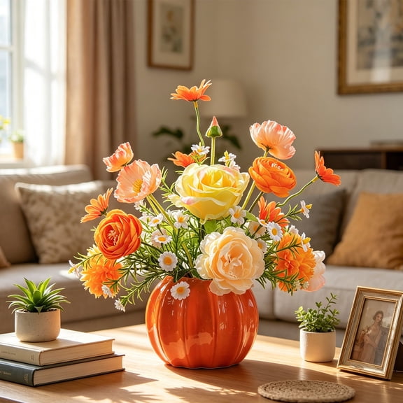 Fall Home Decor,Long‑lasting Maintenance‑free Artificial Silk Flower Arrangement With Sturdy Ceramic Vase,Faux Floral Centerpiece For Living‑room Bedroom Office Countertop