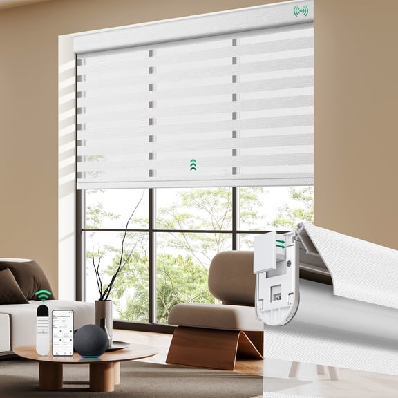 Allesin No Drill Motorized Zebra Shades with Remote Control, 50% Light Filtering Smart Blinds for Apartments & Rentals , Automatic Day/Night Adjustment (Pure White 35.5"Wx72"H)