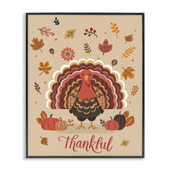 Stupell Industries Thankful Autumnal Turkey Animals Painting Black Framed Art Print Wall Art, 11 x 14