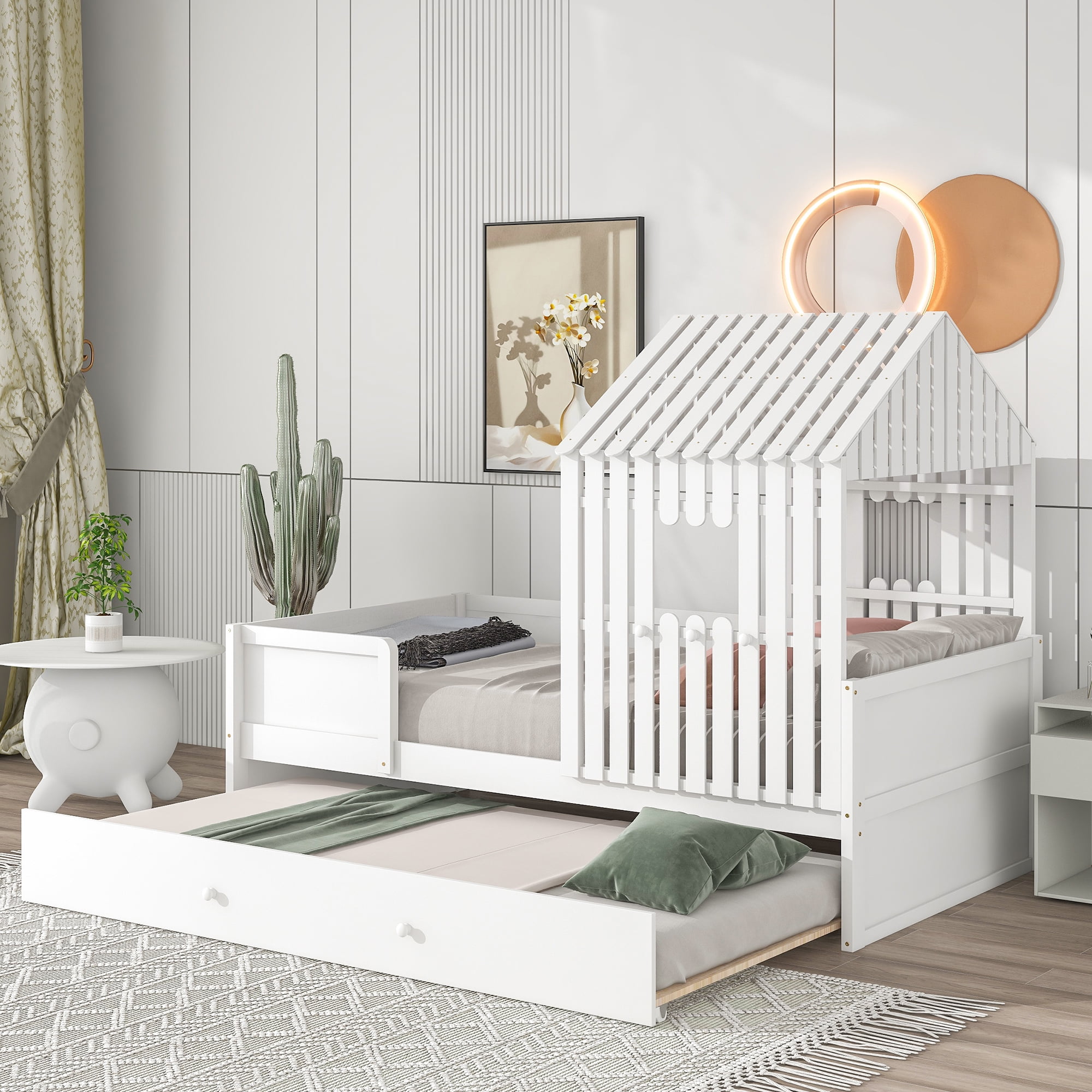 BELLEMAVE Kids Twin House Bed Frame with Twin Size Trundle, Solid Wood Platform Bed with Roof
