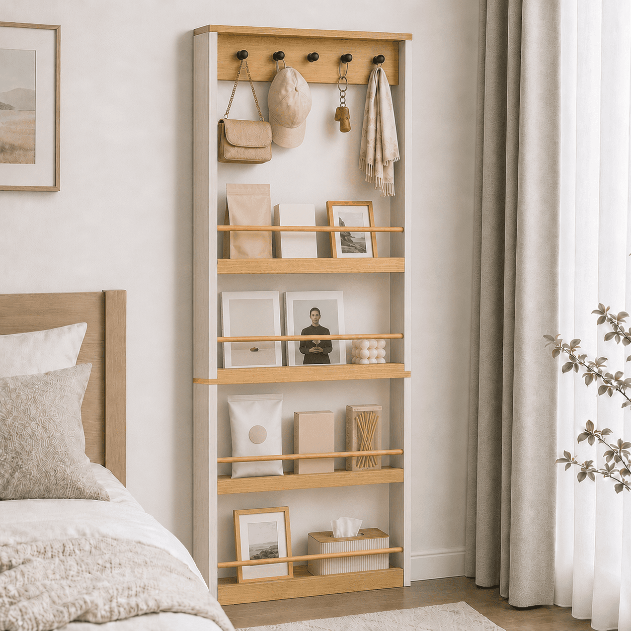 Tall Bookcase 70.87 Inch, Narrow Storage Cabinet with 5 Hooks and 4 Shelves, Space-Saving Shelf for Living Room and Kitchen, Antique White