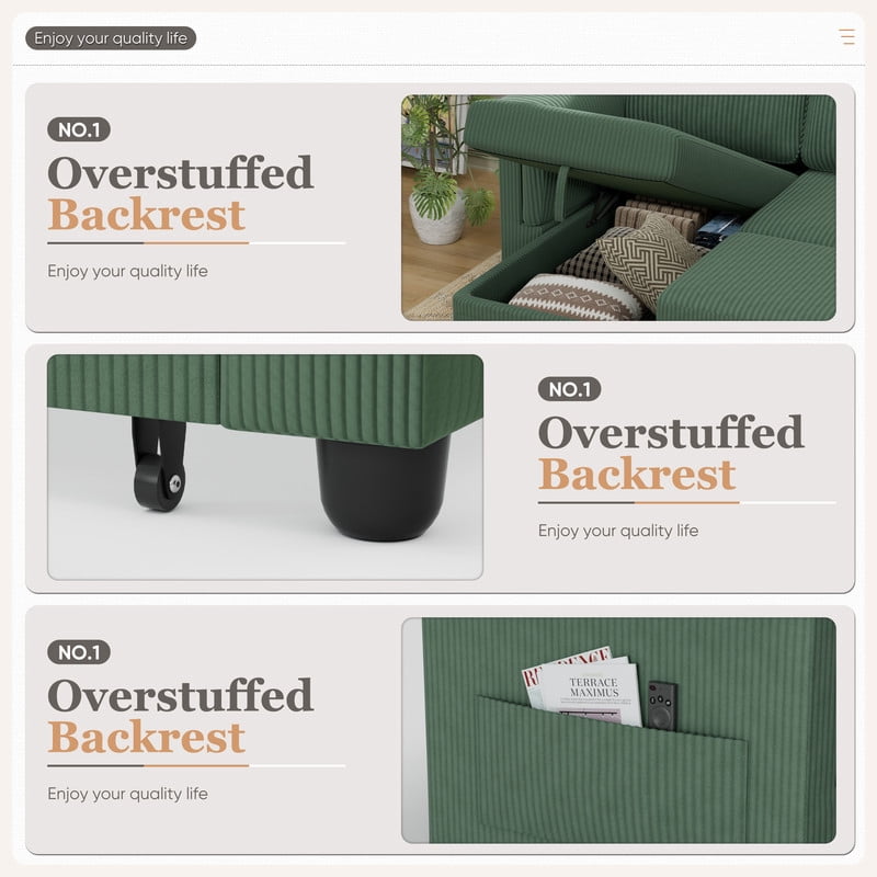 Vineego Corduroy Versatile Sectional Couch, Small Sleeper Sofa with Pull-Out Bed and Storage,Green