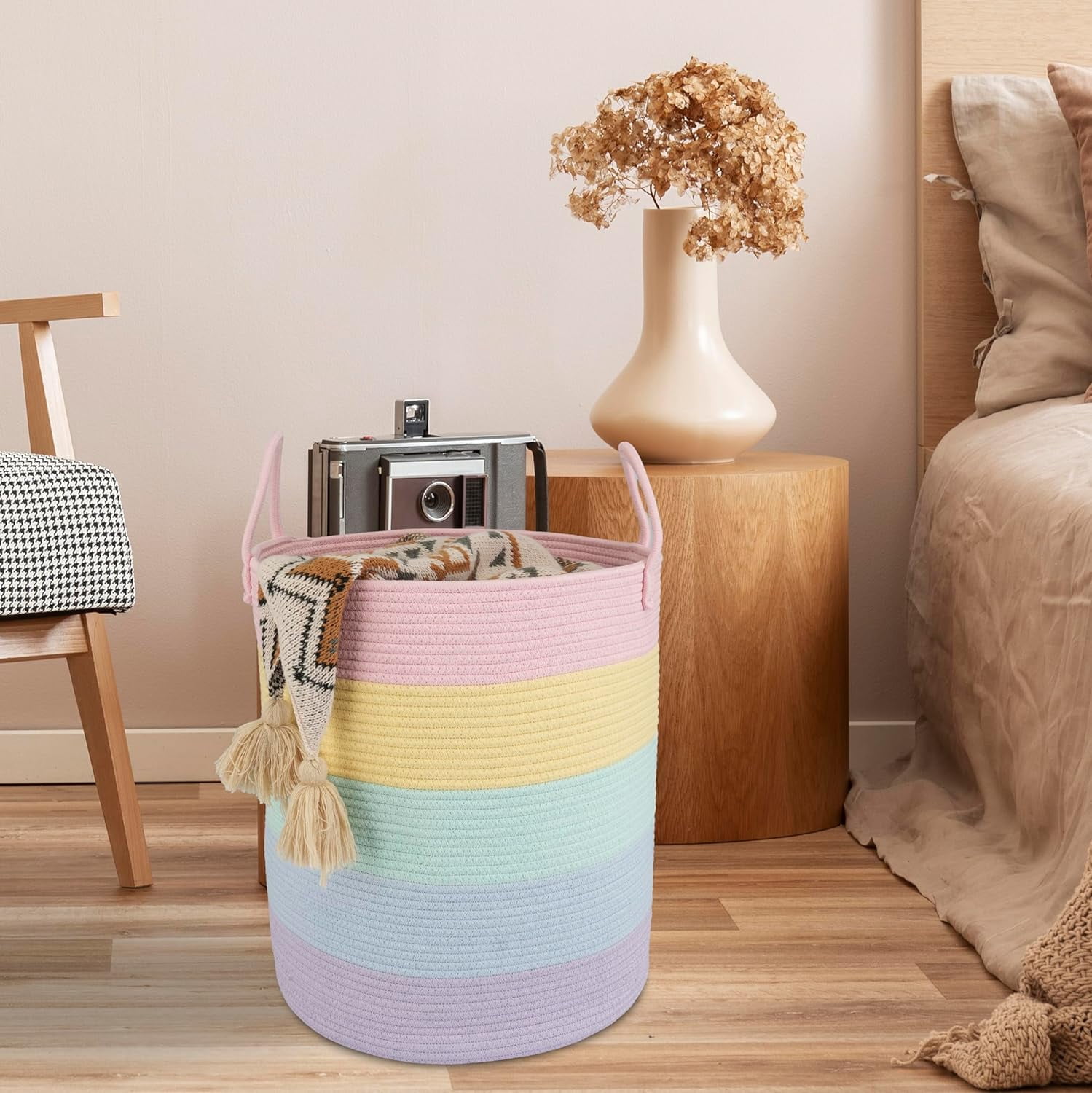 WarmHaven Rope Laundry Basket Hamper for Kids Girl Woven Storage Basket for Living Room Bedroom Boho Tall Baskets for Blanket Toys Pillow Towels Baby Nursery Hamper Bin rainbow