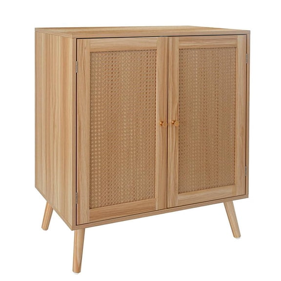 Beige/Khaki 2 Rattan Deco Door Buffet Cabinet with Storage, Sideboard Cabinet Kitchen Storage Cabinet with Adjustable Shelves and Wood Feet, Buffet Cabinet for Hallway, Entry, Living Room