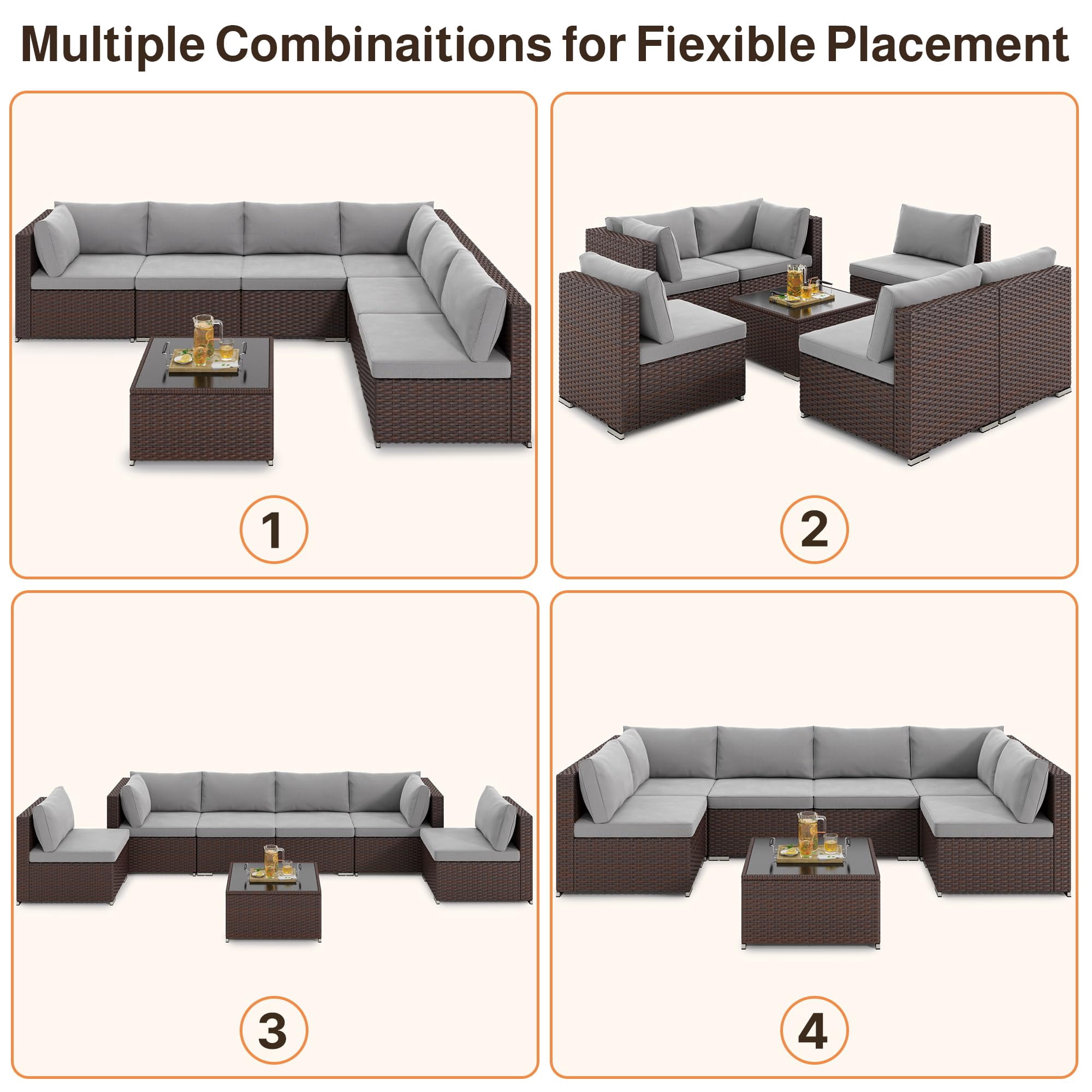 Lofka 7-Piece PE Rattan Patio Furniture Set, All-Weather Outdoor Sectional Sofa with Glass Coffee Table & Waterproof Gray Cushions, Modular Wicker Conversation Set for Backyard, Garden, Poolside