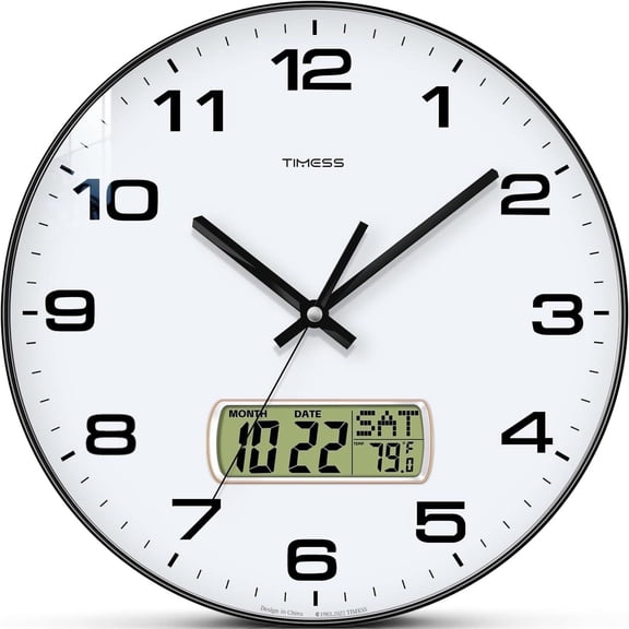 TIMESS 12" Silent Wall Clock with Date Display, Battery Operated Non-Ticking Analog Clock for Living Room (Black)