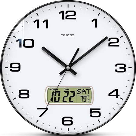TIMESS 12 Silent Wall Clock with Date Display, Battery Operated Non-Ticking Analog Clock for Living Room (Black)