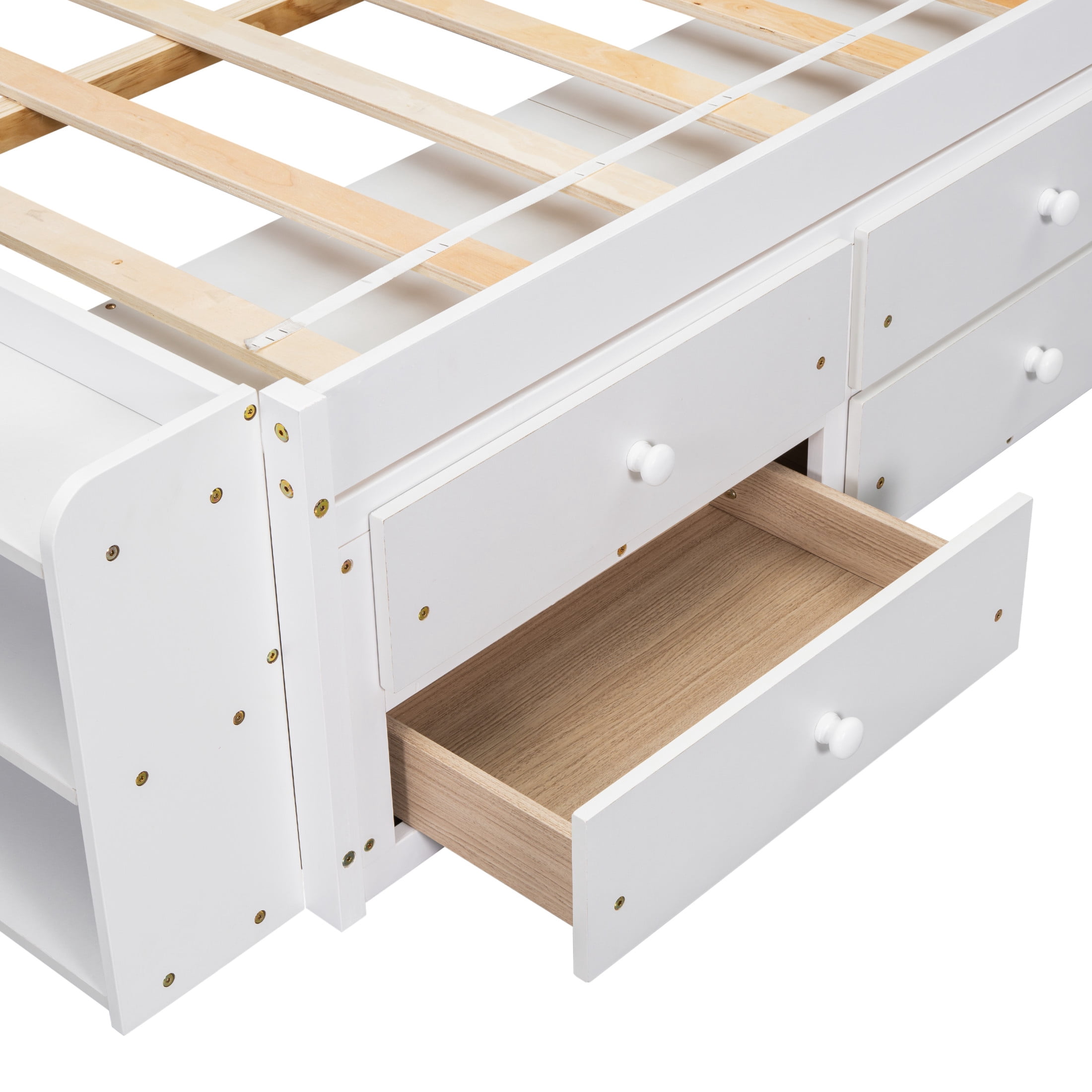 Noble House Full Bed with Bookcase Headboard, 6 Storage Drawers and Bed-End Storage, Pine Wood Frame, White