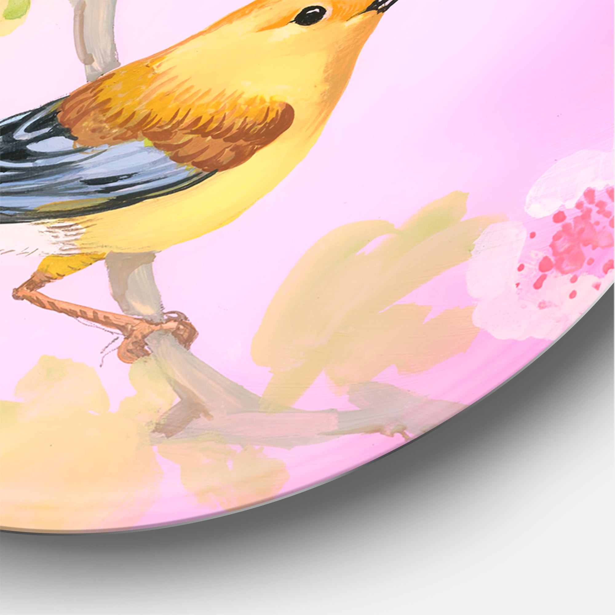 Designart 'Beautiful Bright Birds Sitting On Branch' Traditional Circle Metal Wall Art 29x29 - Disc of 29
