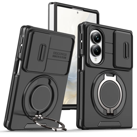 Decase for Samsung Galaxy Z Fold8 Case, Heavy Duty Rugged Protective Case with Kickstand, 360° Ring Holder, Sliding Camera Lens Cover, Magnetic Car Mount Compatible, Black