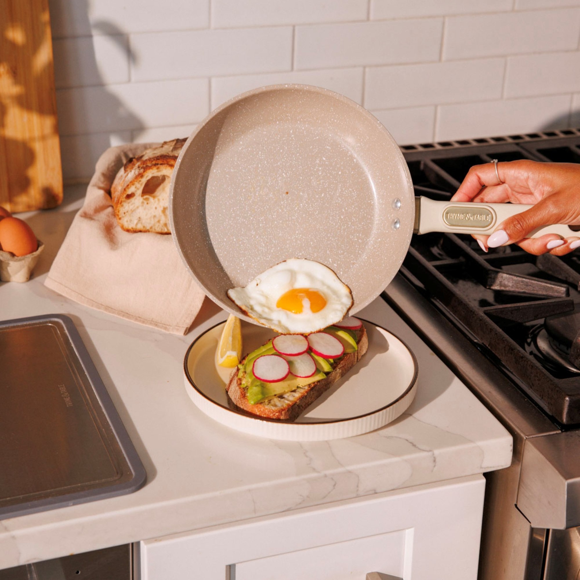 Thyme & Table 8" Ceramic Nonstick Fry Pan, Taupe & Gold photo 6