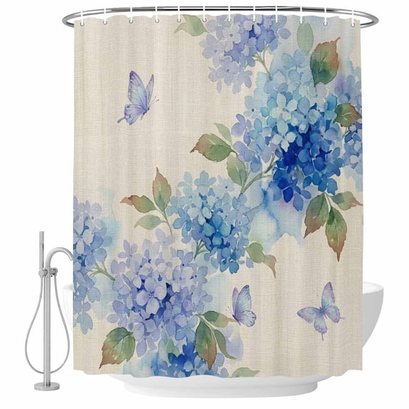 Blue Hydrangea Shower Curtain Set - 72" x 78" Washable Bathtub Curtain with 12 Hooks, Watercolor Flower Butterfly Leaves Beige Waterproof Fabric Stall Shower Curtains for Bathroom/Bathtub Décor