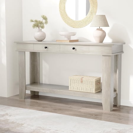 Console Table with 2 Drawers & Open Shelf 54 Farmhouse Rustic Brown Entryway Table - Fluted Design for Hallway Dining Room or Behind Sofa – Contrasting Color
