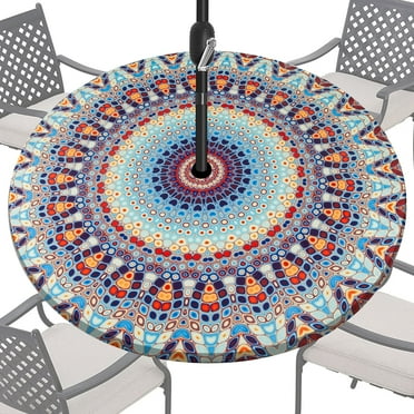 Numjaw Outdoor Tablecloth with Umbrella Hole, Waterproof Round Fitted Tablecloth with Elastic & Zipper, Picnic Table Cover for Patio, Garden (36"-44")