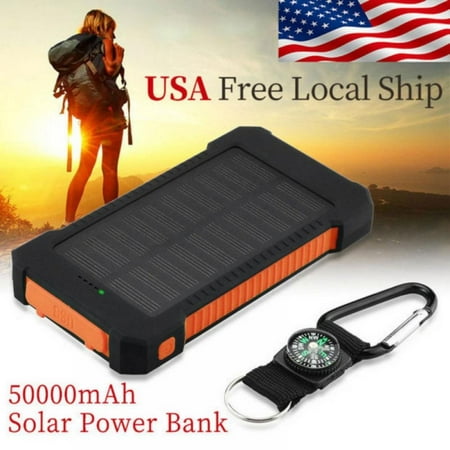 50000mAh Dual-USB Waterproof Solar Power Bank Portable LED LCD Compass Battery Charger