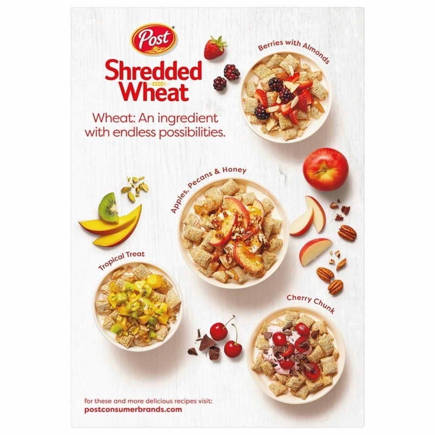 (4packs)-Post Spoon Size Shredded Wheat, Whole Grain Breakfast Cereal, High Fiber, Kosher, Crunchy 16.4oz Box